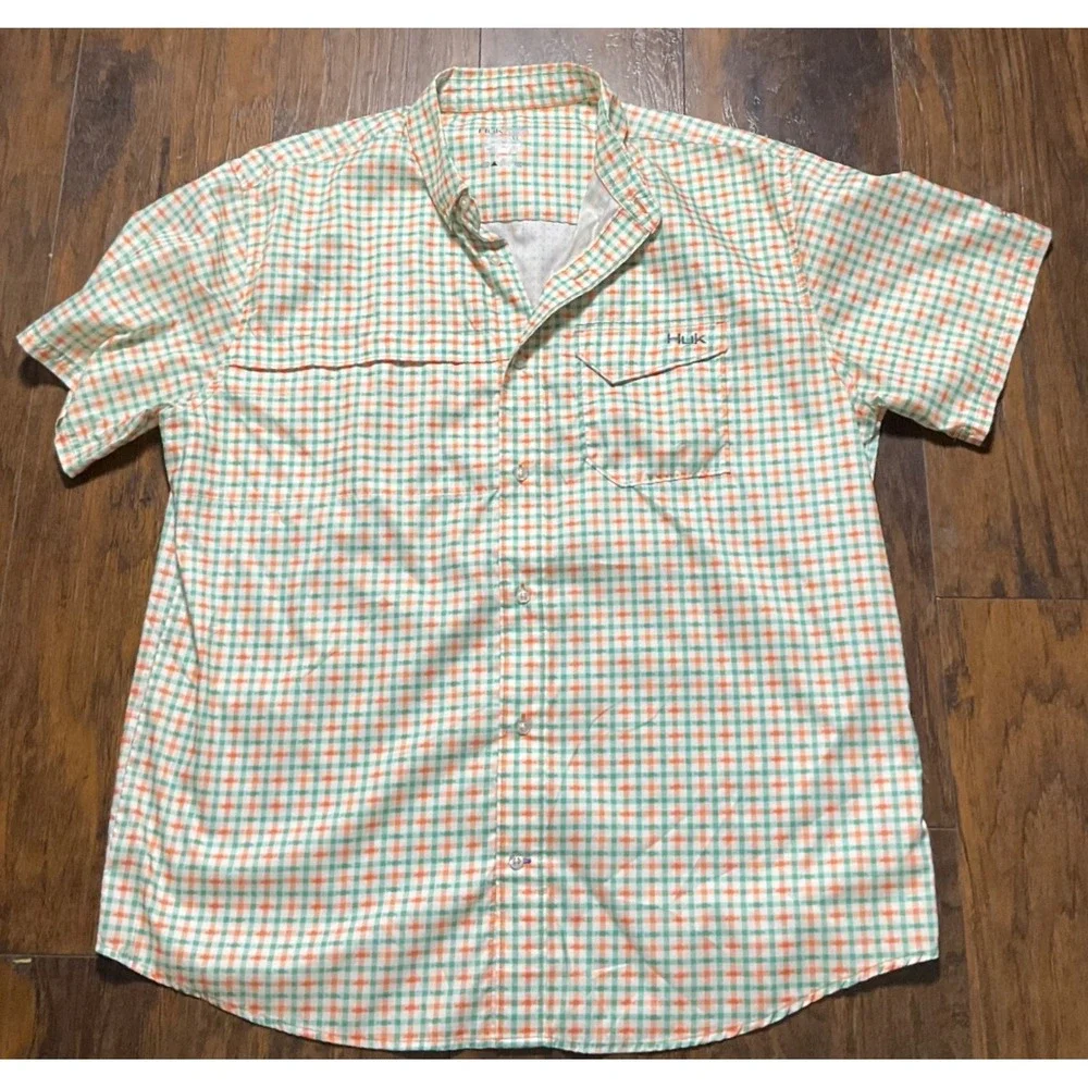 Huk Mens XL Fishing Shirt Short Sleeve Plaid Gingham Orange Green Performance
